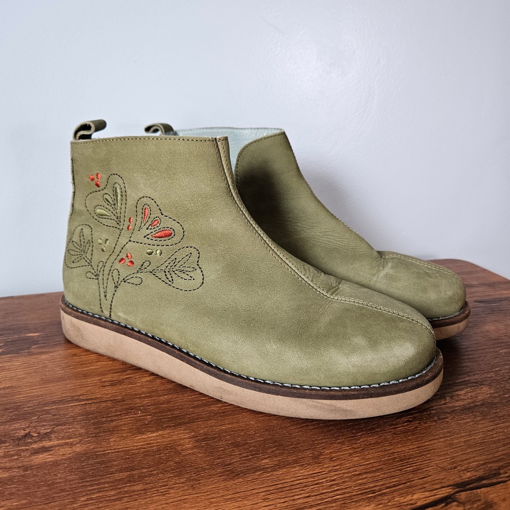 Gudrun Sjoden Olive Green Leather Floral Embroidered Ankle Boots Size 39